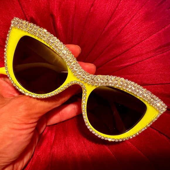 SALE! Sunglasses Yellow Cat Eye Rhinestone Encrusted Bling Womens Accessories. main image 8